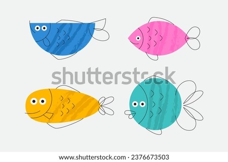Set of various cute fishes illustration in modern colorful flat doodle style