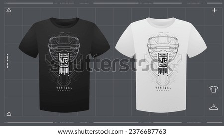 Men's t-shirt with futuristic print mockup. Front view. Vector template. Cyber Hud Design print.