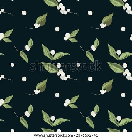 Christmas white winter berries on dark blue background. Vector pattern. Seamless background for fabric, print, decoration.	