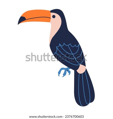 Cute toucan. Funny tropical bird with long yellow beak. Exotic animal character. Flat vector illustration.