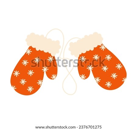 Red Christmas mittens with ornament and rope. Traditional winter clothes, knit mittens for cold season. Isolated. Vector illustration