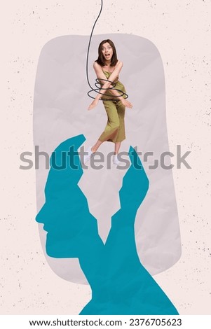 Picture collage poster of crazy surprised shocked girl with tied hands strings control social influence isolated on painted background