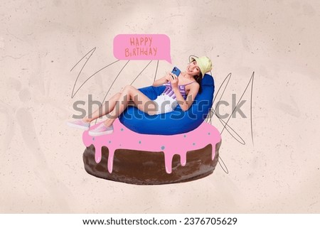 Creative composite photo collage of carefree funny gil sit on donut write happy birhtay on smartphone isolated on colorful background