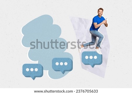 Creative collage of mini guy run jump climb dialogue bubble stairs use smart phone chatting isolated on painted background