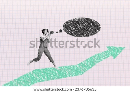 Creative collage of funny black white colors mini girl communicate loudspeaker dialogue bubble growing arrow up isolated on copybook background