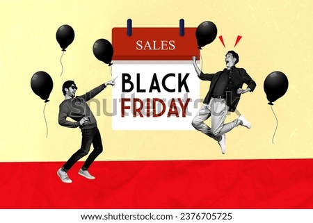 Image sketch collage black friday day soon two funny guys celebrating sales holiday calendar shopping today isolated on yellow background