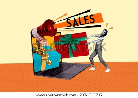 Collage of young funny woman order xmas gifts using laptop where megaphone announcement mass market sale isolated on yellow background