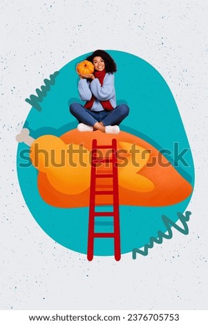 Vertical collage picture of mini excited girl climb ladder huge bakes turkey arms hod pumpkin isolated on creative background