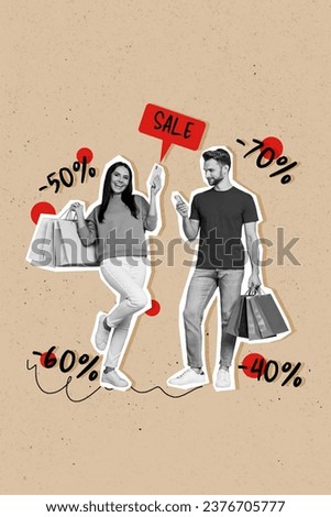 Collage picture promo billboard of young couple best friends buy together using gift code for online shopping isolated on beige background