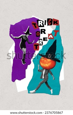 Photo collage picture of funky funny people wearing halloween costumes isolated graphical background
