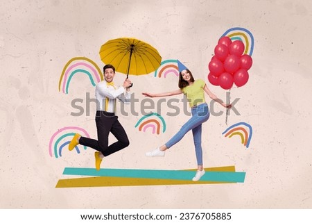 Creative composite photo collage of funny positive man girl hold parasol helium bubbles celebrate birthday isolated on drawing background