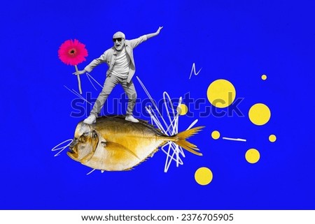 Collage picture of excited mini black white colors grandfather hold fresh flower stand balancing huge piranha fish isolated on blue background