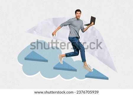 Composite creative artwork photo collage of good mood guy hold laptop running enjoy fast internet speed isolated on colorful background