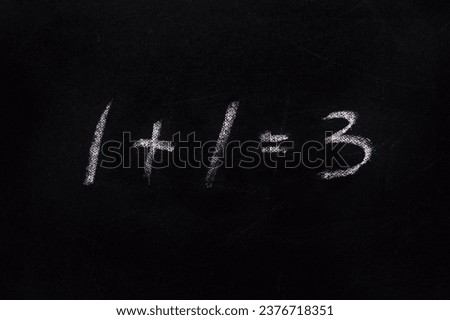 Wrong sum 1 1 3 written blackboard equation one plus one equals three written black board. Incorrect sum 1 plus 1 equals 3 writing chalkboard background. Buy two get one free. Simple math. Add. Sale Royalty-Free Stock Photo #2376718351