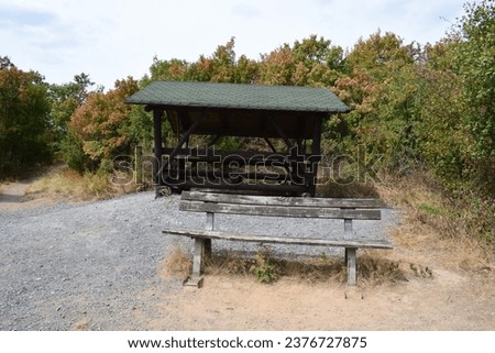 hut on a hiking trail above the Mosel Royalty-Free Stock Photo #2376727875