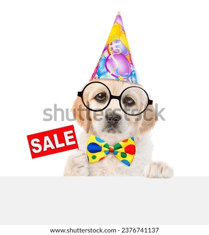 Funny Golden retriever puppy wearing tie bow, eyeglasses and party cap shows signboard with labeled "sale" above empty white banner. isolated on white background