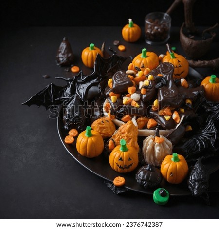 A plate full of traditional Halloween candy, like pumpkins and devil-shaped candies. It's the perfect picture to satisfy your appetite