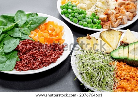 This is picture of vegetable with healthy diet food,in this picture you can see the healthy meal with avocado,bell pepper,corn,chicken,lentils,and green food