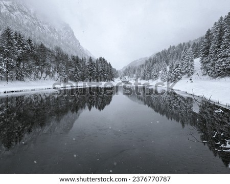 Winter in the swiss alps, Switzerland. Panoramic view. Snowy winter landscape in the mountains with fir trees and wooden fence. 