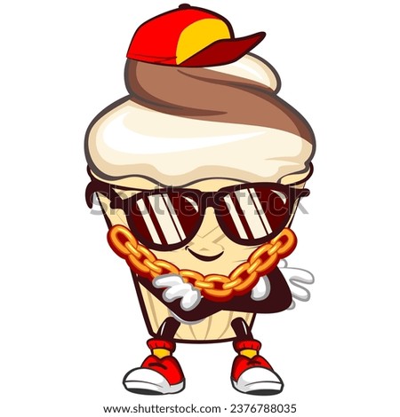 mascot character of an ice cream cone with a funny face dressed in a hip hop hat, wearing sunglasses and a gold chain necklace, isolated cartoon vector illustration. emoticon, cute ice cream cone masc