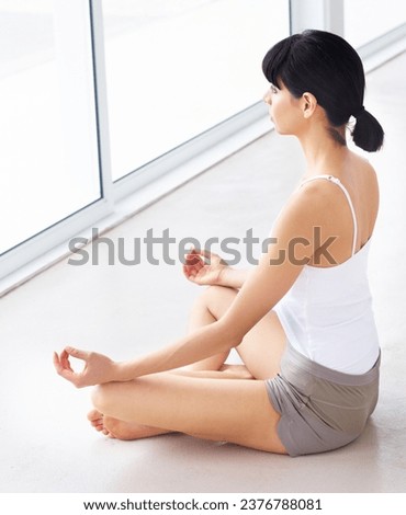 Yoga meditation peace, floor and woman meditate for spiritual mental health, chakra energy balance or soul healing. Zen training, studio exercise and yogi relax for mindfulness, mindset or wellness