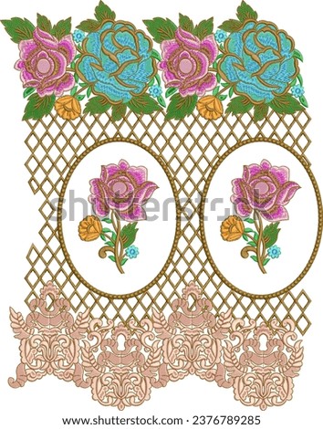 Indian traditional embroidery lace border design with ethnic flowers and leaves with black background. digital and textile print on fabric Mughal Art      
