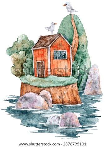 Watercolor lighthouse clipart, cute seagulls illustration,real watercolor painting for Sublimation, print. Mountain View