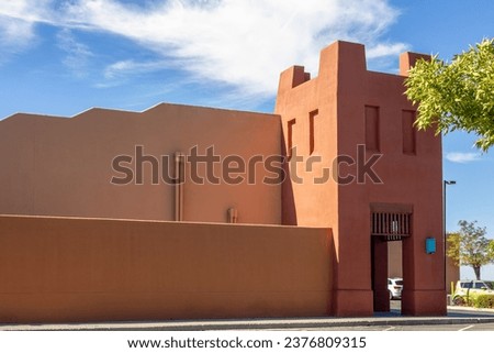 Adobe-style building in Santa Fe, New Mexico. Architectural details.