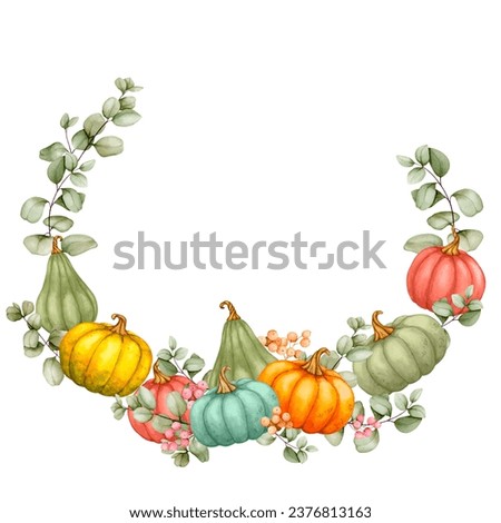 Watercolor wreath with pumpkins, eucalyptus and berries. Fall Decor, Thanksgiving, Cozy Home, Harvest Festival. Composition for cards, invitations, greetings, announcements, advertising, etc.