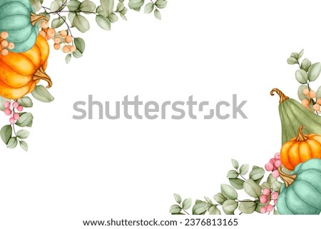 Watercolor horizontal banner with pumpkins, eucalyptus and berries. Fall Decor, Thanksgiving, Cozy Home, Harvest Festival. Illustration for cards, invitations, greetings, announcements, advertising.
