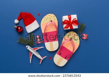 Christman vacation accessories on color background, top view