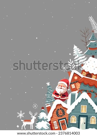 Christmas frame, poster with Santa Claus. Winter card with scandi houses, trees. New year Christmas design. Royalty-Free Stock Photo #2376814003