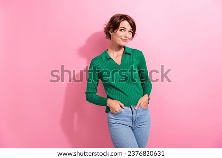 Portrait of lovely adorable woman with short hairstyle wear stylish clothes look at sale empty space isolated on pink color background