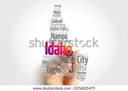 List of cities in Idaho USA state, map silhouette word cloud, map concept background
