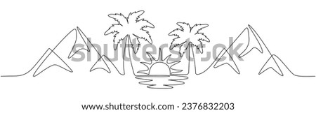 Palm tree with ocean and mountains continuous line drawing. Tropic landscape. Vector illustration isolated on white.