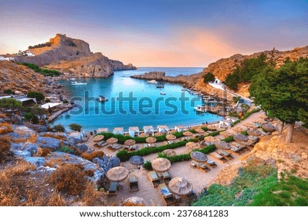 Panoramic view of St. Paul bay with acropolis of Lindos in background, Rhodes island, Greece