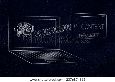 artificial intelligence and deep learning conceptual illustration, laptop with AI content pop-up message and microchip brain on screen Royalty-Free Stock Photo #2376874865