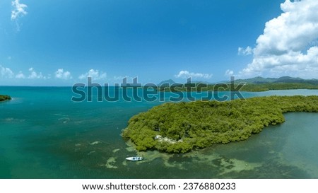 Drone picture of an island in trois rivière, sainte luce, Martinique, French West Indies, Caribbean.