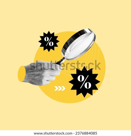 Man holding magnifying glass looks at interest rates, Interest rate, Magnifying glass, Percent sign, Hand, Low, Descriptive position, Chart, Visual media, Executive, Finance, Men, Holding