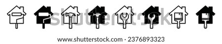 Home renovation icons. Home improvement icon. House with paintbrush, wrench, hammer symbol in line and flat style on white background for apps and websites. Vector illustration Royalty-Free Stock Photo #2376893323