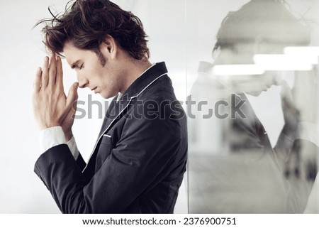 Praying, religion and young man in a studio with double exposure for gratitude, hope or worship. Trust, compassion and male model from Canada with regret or mistake isolated by white background.