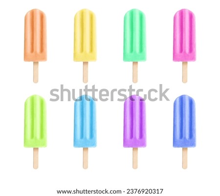 Colorful ice cream popsicle. Ice cream with wooden stick. Various types of ice cream. Isolated background.