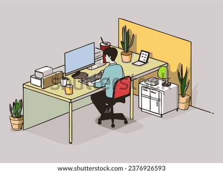 Working at home vector flat style illustration. A man working on his laptop. Online career.