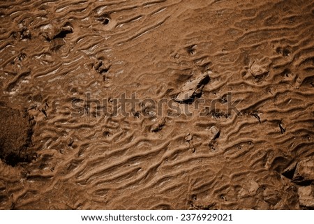 Textured background of sand with waves and rocks. Brown nature background with sand texture and rocks, wavy pattern.