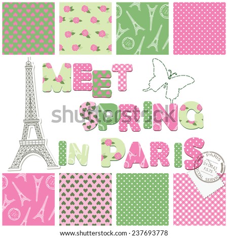 Scrapbook design elements - seamless textile patterns, letters, eiffel tower, stamp, stitching butterfly. 