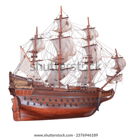 ship Wooden junk an ancient sacred object for prosperity Ancient sailing ships were made of wood and canvas with sails and ropes for the transport of goods photo isolated with clipping path background