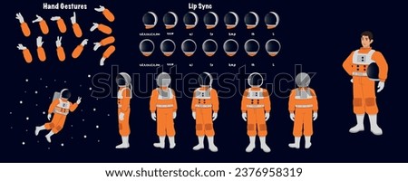 Set of male astronaut design. Character Model sheet. Front, side, back view animated character. astronaut character creation set with various views, poses and gestures. Cartoon style, flat vector isol Royalty-Free Stock Photo #2376958319