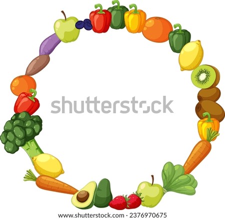 Vibrant vector cartoon illustration of fruits and vegetables in a circular frame for banner design
