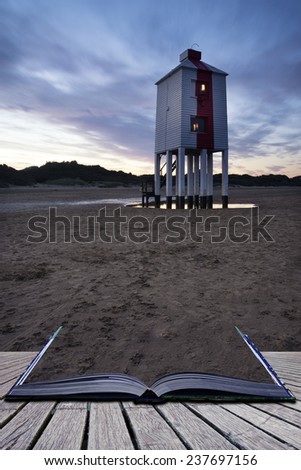 Stunning landscape sunrise stilt lighthouse on beach conceptual book image