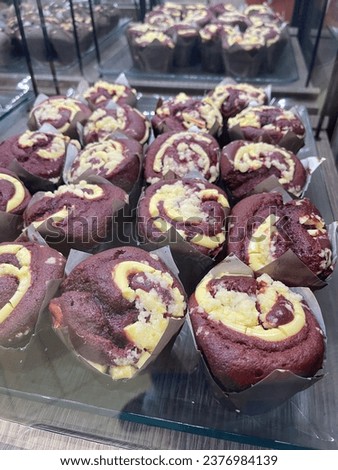 Red velvet cheese muffin for sale at pastry shop